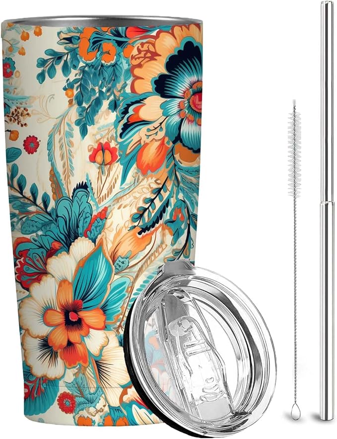 Floral Tumbler 20 oz | Stainless Steel Travel Mug with Lid | Insulated Flower Cup for Coffee, Tea and Iced Drinks | Birthday and Christmas Gifts for Women, Mom and Girlfriend