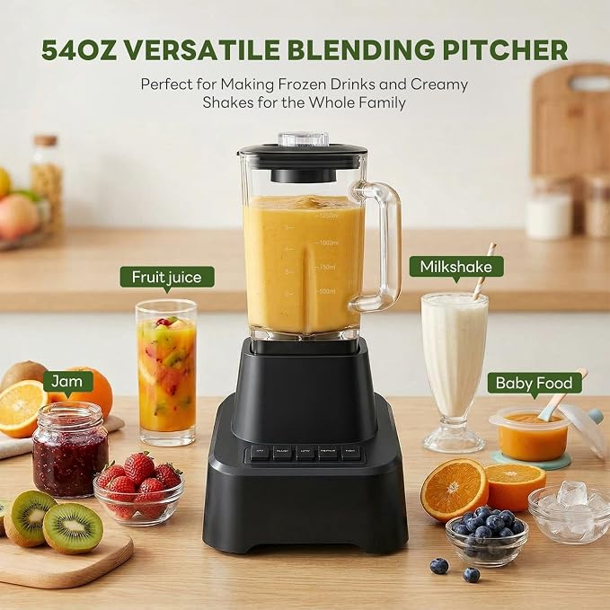 OLIXIS Professional Blender for Smoothies, Full-Size Kitchen Blender with 850 Peak Watts & 54oz Large Glass Pitcher, 4 Speeds with Pulse for Ice Crushing Frozen Fruits, Dishwasher Safe, Black