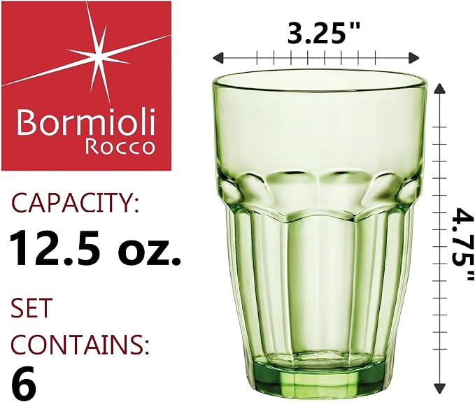 Bormioli Rocco Rock Bar 12.5 oz. Long Drink Stackable Tempered Beverage Glasses for Cold Drinks, Water, and Cocktails, Set of 6, Mint Green