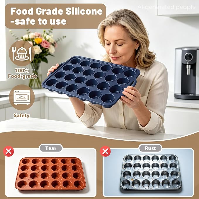 Mini Silicone Muffin Pan with Frame Non Stick Cupcake Tin Baking Mold | Silicone Cupcake Pan with Handles 24 Cup, BPA Free Silicon Muffin Tin Tray Small for Baking, Egg Bites, Cupcake Mold Grey