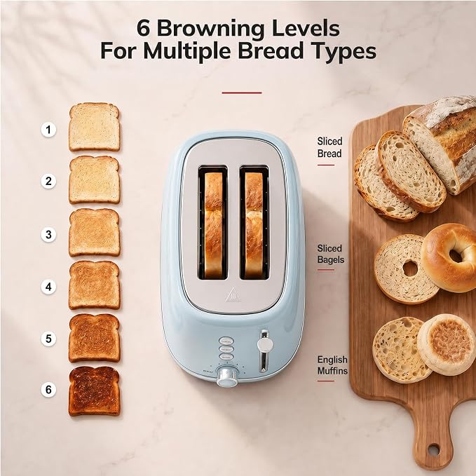 Retro 2 Slice Stainless Steel Toaster with 6 Bread Shade Settings, Bagel, Cancel, Defrost Function, Extra Wide Slot, Removable Crumb Tray, Blue