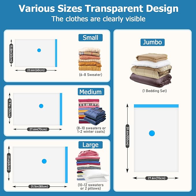 15 Vacuum Seal Bags for Clothing Travel with Rechargeable Air Pump | 4 Size Space Saver Vacuum Storage Bags, 1500mAh Type-C Pump, 6000Pa Saves 80% Space, PA+PE Tearproof Zipper