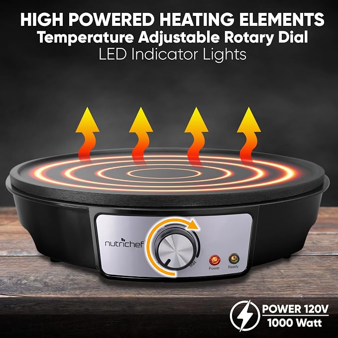Nutrichef Electric Crepe Maker Pan & Griddle | 12 Inch Nonstick Cooktop | LED Indicators & Adjustable Temperature Control | Includes Spatula, Batter Spreader | Cooks Crepes, Roti & Pancakes