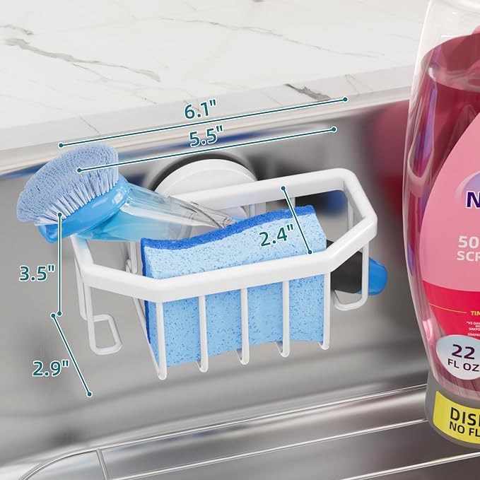 TAILI Sink Caddy with Strong Suction Cup, Sponge Holder for Sink-White | for Kitchen Sink Organizer, Removable Sponge Caddy Inside Sink, Rustproof Aluminum Holder for Sponges, Brushes, Scrubber