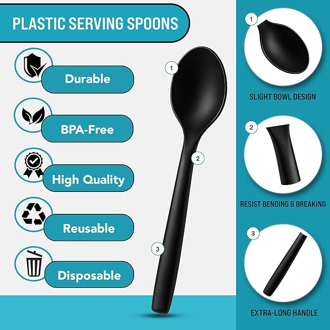 10" Black Plastic Serving Spoons for Buffet, 36 Pack | Heavy-Duty Disposable Plastic Serving Utensils for Catering, Buffets, Parties, Weddings, and Events