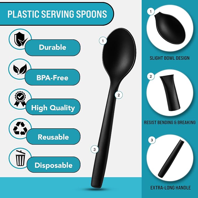10" Black Plastic Serving Spoons for Buffet, 12 Pack | Heavy-Duty Disposable Plastic Serving Utensils for Catering, Buffets, Parties, Weddings, and Events