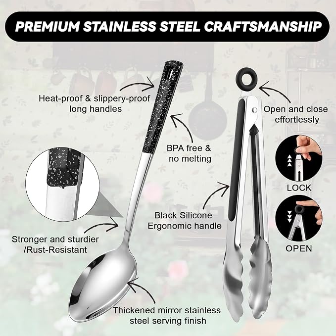 7 Pcs Stainless Steel Serving Spoon and Kitchen Cooking Utensils Set | Large Metal Spoon Soup Ladle Slotted Spoons Tongs for Buffet Catering, Heat Resistant Handle, Dishwasher Safe