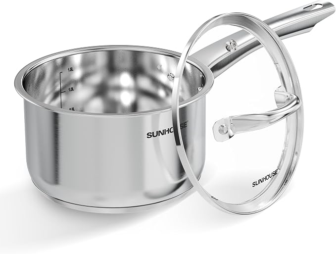 SUNHOUSE 2 QT Stainless Steel Sauce Pan with Lid, Small Pot for Cooking | PFOA-Free Uncoated Milk Pan & Butter Warmer, Mini Saucepan with Impact Bonding Base for Induction, Gas, Electric