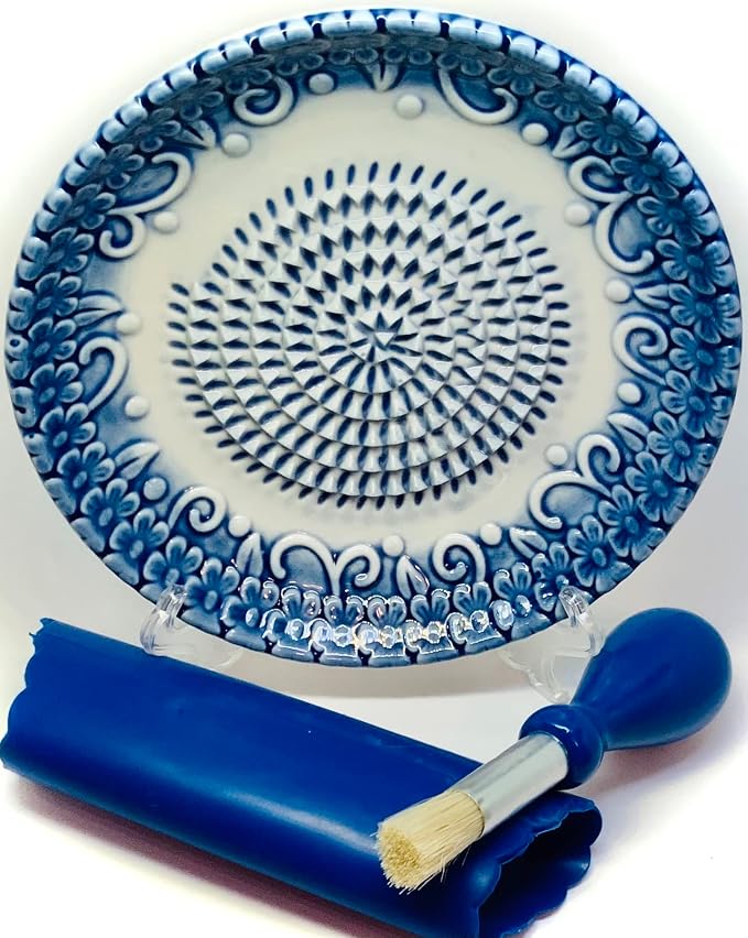 Premium Ceramic Garlic Grater Plate Set - Blue Embossed | All-in-One 4-Piece Set includes 5.25" Plate, Peeler, Brush, and Stand - For Garlic, Ginger, Fruits, Strawberries, and more!