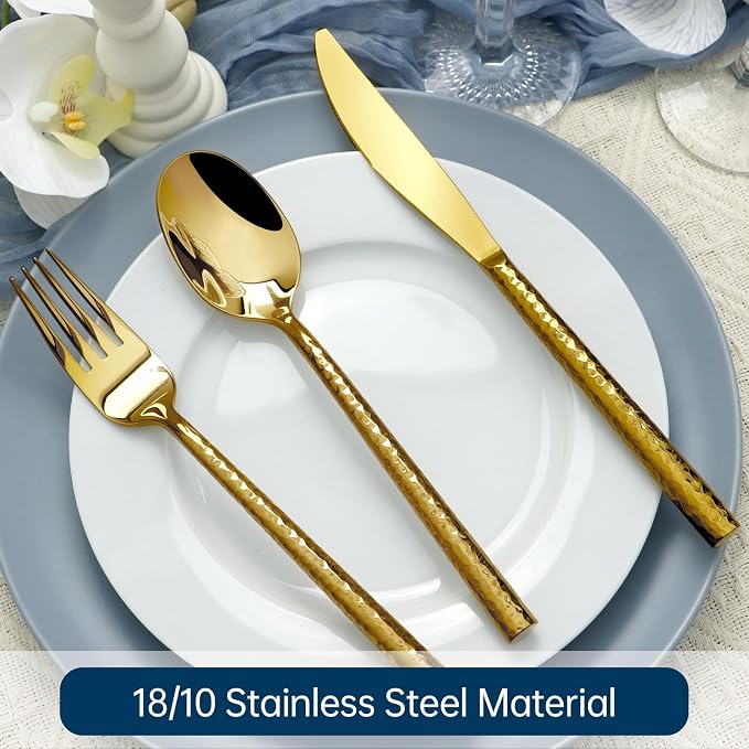 Gold Silverware Set 40 Piece Hammered Round Handle Service for 8 | 18/10 Stainless Steel Flatware Set, Heavy Duty Utensil, Cutlery Set for Home Party Wedding, Mirror Polished Dishwasher Safe