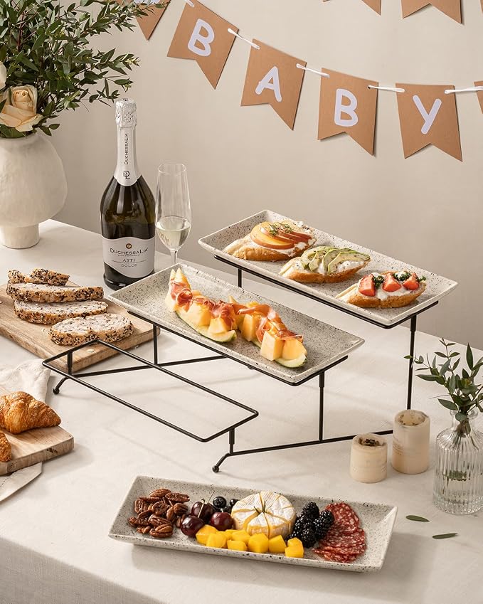 LAUCHUH 3 Tier Serving Trays for Party, Porcelain Tiered Serving Tray Stand | 14 inch Serving Platters with Collapsible Sturdier Rack Serving Plates for Halloween Thanksgiving Christmas, Speckled Glaze