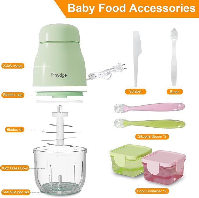 Baby Food Maker with Baby Food Containers, Silicone Spoons Set | 10oz Baby Food Blender,10-Second Quick Soft Food Prep for Baby,Food Processor for Fruit,Vegetable,Meat,Easy to Clean