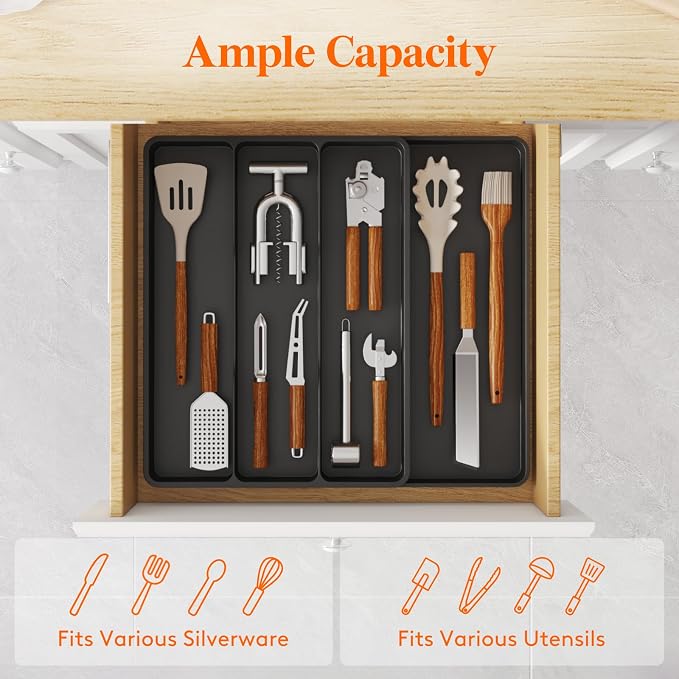Lifewit Utensil Organizer for Kitchen Drawer, Expandable Cooking Tray | Adjustable Cutlery Flatware Holder, Plastic Silverware Spatula Tools Storage Divider, 11.9-17.3 x 15.8", Black