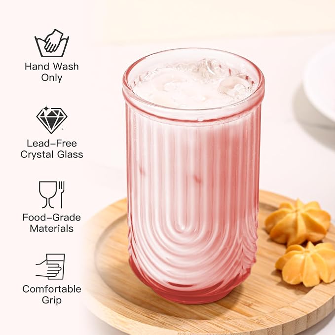 JOVGANK Pink Vintage Glassware Set of 6 - 17oz Highball Cocktail Glasses with Arched Ripple Design for Water, Coffee, Juice, Whiskey, Bar, Ice, Housewarming Gifts