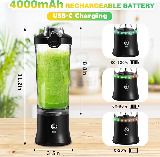 Portable Blender Personal Juicer for Shakes Smoothies with Insulated Sleeve | 20 Oz Electric Protein Shaker Bottle, Travel Lid, USB-C Rechargeable, Mini Small Cordless Blender Cup for Kitchen Travel Gym