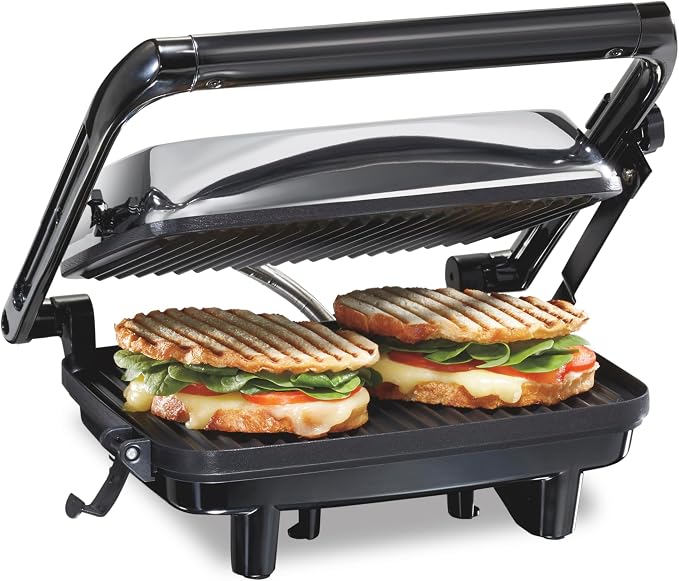 Hamilton Beach Panini Press, Sandwich Maker & Electric Indoor Grill | Floating Hinge Evenly Cooks Any Sandwich | Locking Lid | PFAS-Free Non-Stick 8" x 10" Grids | Chrome