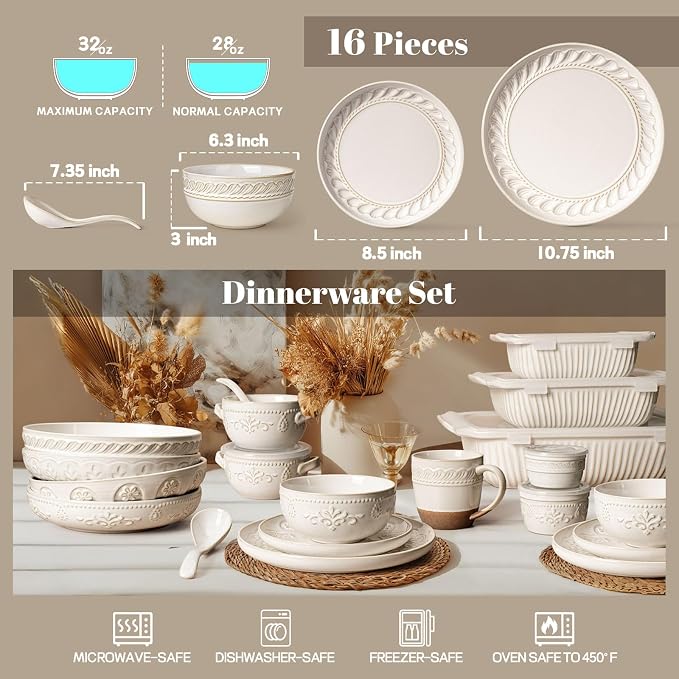 Plates And Bowls Sets, 16 Pieces Dinnerware Sets, Dish Set For 4, Ceramic Kitchen Bowl And Plate Set, Embossed White Dishware Sets, Dishwasher & Microwave Safe (Willow Leaf)