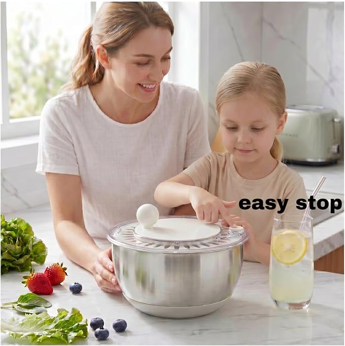 Salad Spinner Dishwasher Safe Stainless Steel Salad Spinner, 5.3 Qt Vegetable Washer, Lettuce Spinner with Non-Slip Base and Stop Button, Transparent Lid & Drainage Hole