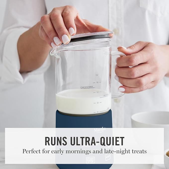Martha Stewart 10oz Milk Frother & Steamer, 4 Presets, 300ml Glass Pitcher | Light, Dense, Cold Foam & Hot Chocolate, Ready in 90 Seconds, Cordless Pouring, Runs Quiet, Almond, Soy & Oat Milk, Indigo