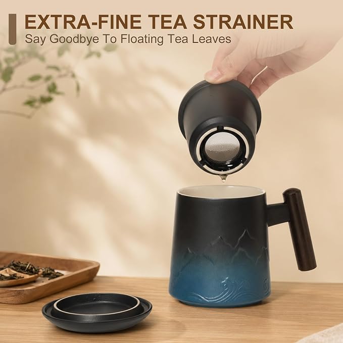 Tea Cup with Infuser and Lid, 14oz Ceramic Loose Leaf Tea Steeper Cup with Wood Handle and Cup Lid, Blue, Black | 14oz Ceramic Tea Mug with Lid, Loose Leaf Tea Steeper Cup with Wood Handle for Tea Lovers Gifts