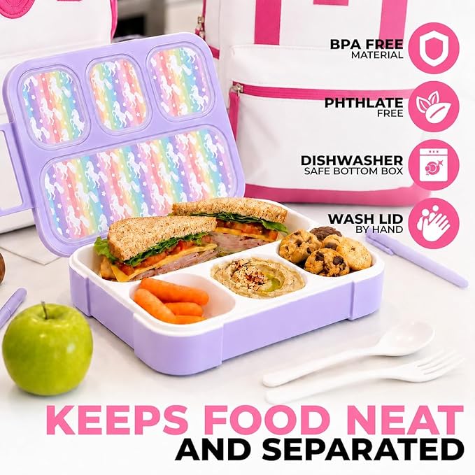 kinsho Bento Box Lunch Boxes for Kids Girls, Meal and Snack Containers for Toddler Daycare, School Travel, Loncheras Para Ninas, Utensils Included (Purple Rainbow Unicorn + Pink Flowers, 2 Pack Set)