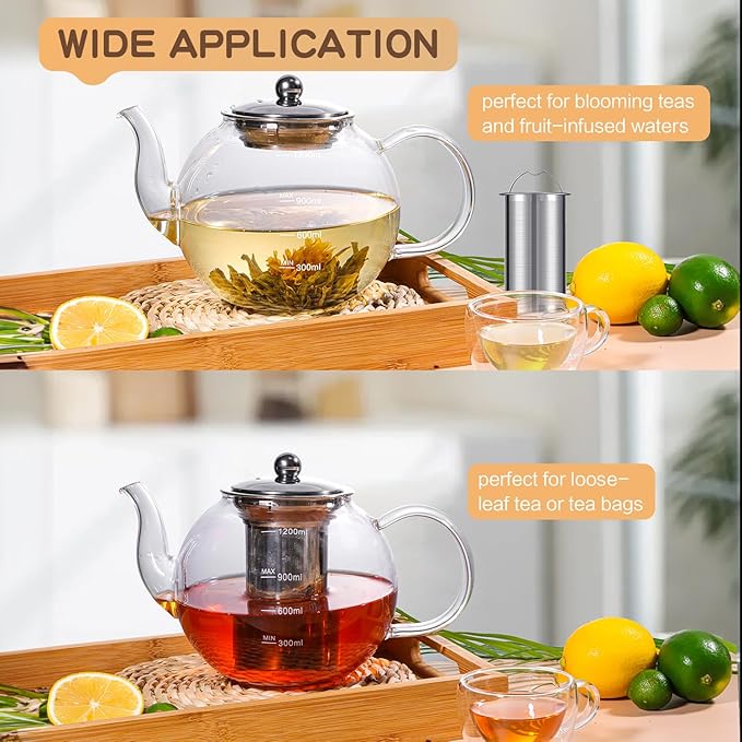 Glass Teapot, Zpose 40oz/1200ml Tea Pot with Removable Stainless Steel Infuser, Clear Glass Tea Kettle with Scale Line, Stovetop Safe Teapot for Blooming Tea & Loose Leaf Tea, Gift Box for Tea Maker