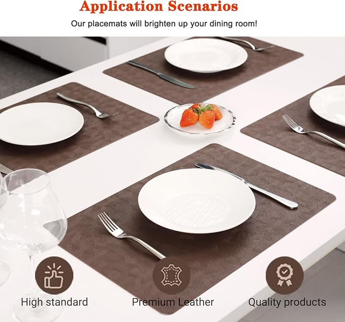 Brown Vinyl Placemats Set of 8 Waterproof Wipeable Table Mats | Heat Resistant Easy Clean Place Mats Faux Leather Table Mats Washable PVC Table Placemats for Dining Table