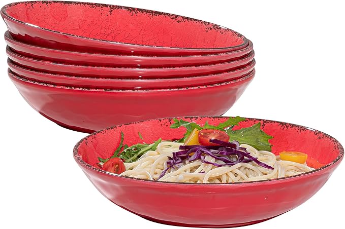 Farmhouse Melamine Pasta Bowls Set of 6, 42 OZ Large Serving Bowls Set, 9.25 inch Ramen Bowls,Wide and Shadow Rustic Red Round Dinner Bowl, Fruit bowl, Noodle Bowl, Salad Bowl Set, Red…