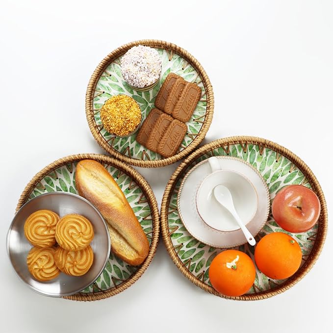Round Rattan Serving Trays with Mother of Pearl Inlay, Set of 3, Green | Coffee Table Trays, Decorative Wicker Trays, Bread and Fruit Display, Ottoman Tray Set, Leaf Pattern