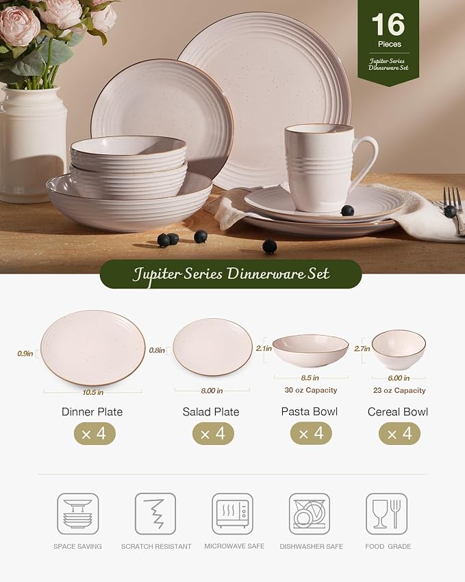 Famiware Jupiter Stoneware Dinnerware Sets with Pasta Bowls, Dishes for 4 | 16 pcs Speckled Plates and Double Bowls with Rim, Chip & Scratch Resistant, Microwave & Dishwasher Safe, Modern Neutral Pink