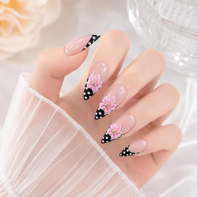 Handmade Press on Nails White Polka Dot Fake Nails Designs Long Stiletto Stick on Nail Full Cover Flower False Nails Hand Made Luxury Thicked Muti-Layer Gel Acrylic Nail for Women (S)