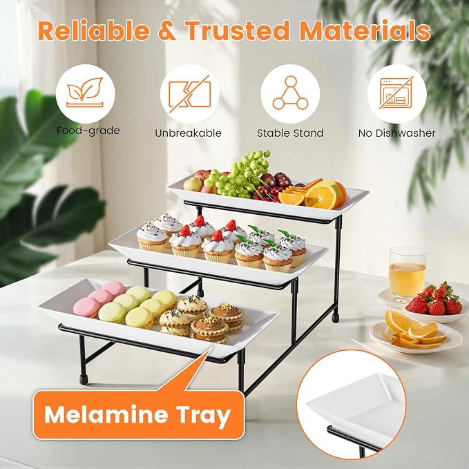 3 Tier Serving Tray, 12'' Collapsible BPA Free Dessert Stand, Black | 3-Tier Serving Platter. BPA-Free, Shatterproof. Steel Frame, Collapsible. Ideal For Parties, Weddings, BBQ & Holiday Events.