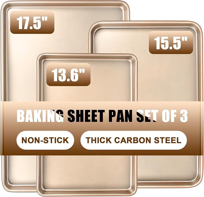 Baking Sheet Pan Set of 3, Nonstick Commercial Cookie Sheets for Baking | Commercial Half/Quarter/Jelly Roll Pans Replacement Toaster Oven Tray, Heavy Duty & Easy Clean