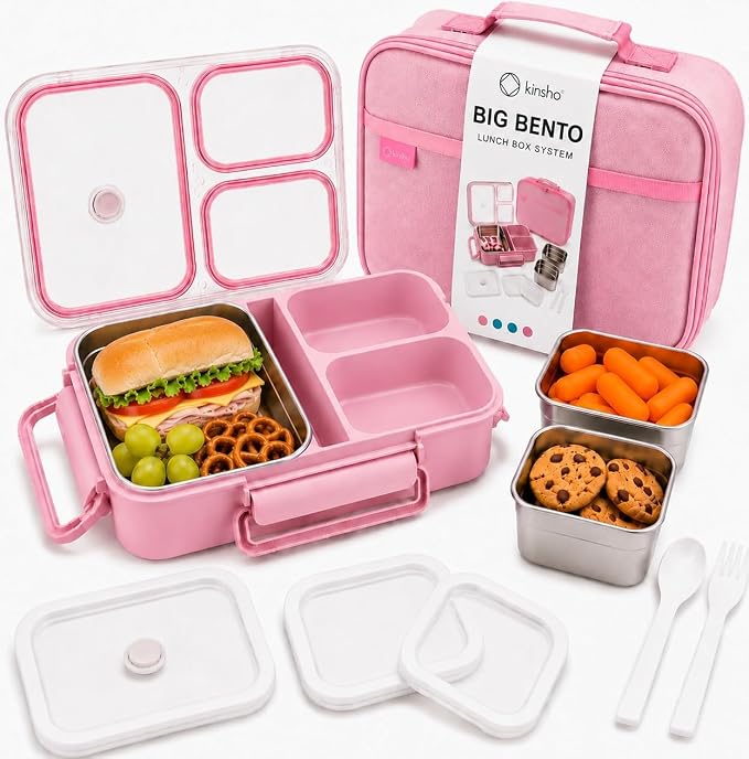 kinsho BIG Bento Lunch Box & Bag, Stainless Steel - Adults Teens Kids Pink | Holds 5 Cups in 3 Removable Metal Containers, Silicone Seals, Bonus Lids, Insulated, Utensils, Leakproof for Work School Food