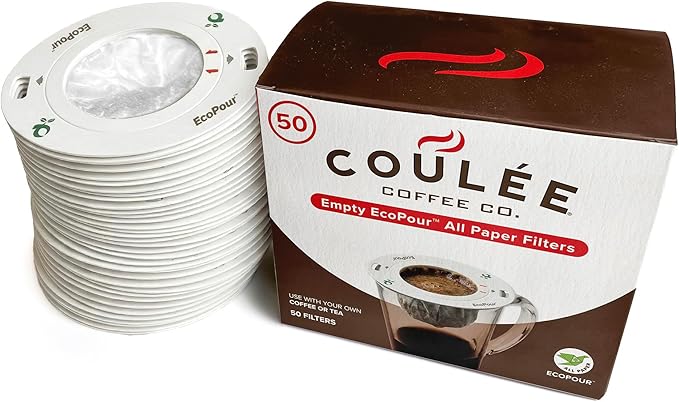 EcoPour All Paper Single-Serve Coffee Filters, Empty, 50 Pack | Use with Coulee Swirl machine or with most mugs. Coffee or loose leaf tea; portable for camping & travel; eco-friendly.