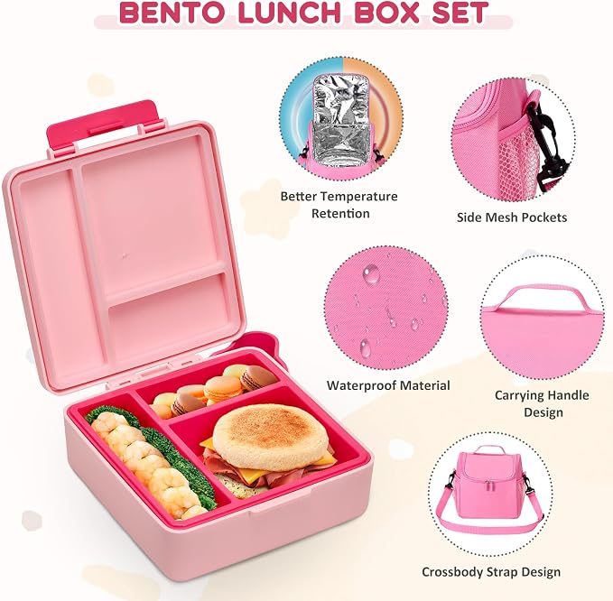 Pawtong Lunch Box Set with Bento Box Container, 17OZ Stainless Steel Food Soup Thermo, Kids Water Bottle & Portable Insulated Lunch Bag – Leakproof, Hot/Cold Retention for School, Travel(Pink)