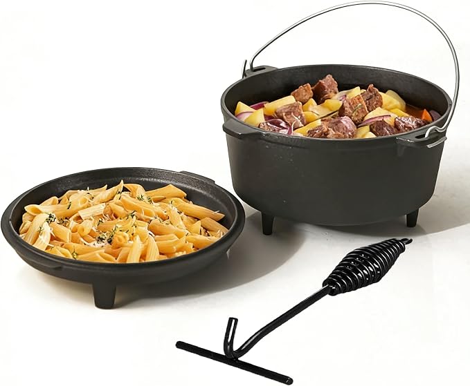 6.3qt Cast Iron Camping Dutch Oven,with 12inch Skillet Lid Outdoor Dutch Oven,Includes Claw Foot kazan for Baking,Braising,Campfire Cooking