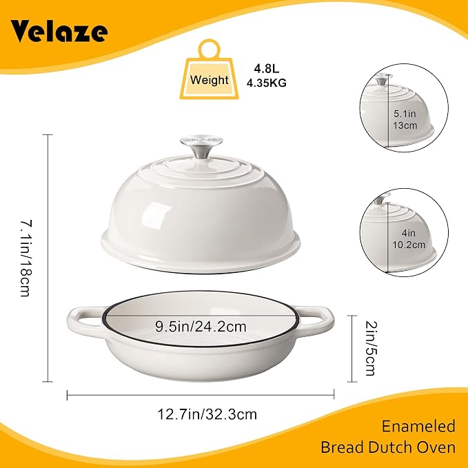 Velaze 5 QT Enameled Cast Iron Dutch Oven for Bread Baking with Dome Lid | Traps Steam for Crispy Artisan Sourdough Bread,Oven Safe,Ergonomic Handles,Gift for Bakers and Bakery Style Loaves,White