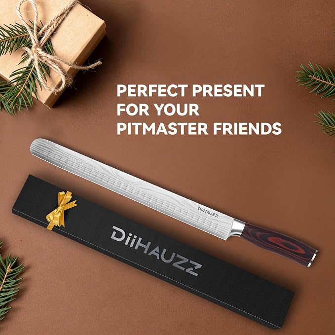 DiiHAUZZ Brisket Slicing Knife, 12 Inch Carving Knife for Meat Cutting | High Carbon Stainless Steel, Non-Stick Granton Edge, Ergonomic Pakkawood Handle, Razor Sharp for Turkey, Roasts and BBQ