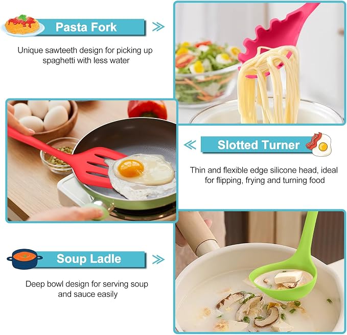 TeamFar Silicone Cooking Utensil Set of 7, Kitchen Cooking Utensil Set | Multi-Color Kitchen Tools Turner Spoon Spatula Ladle for Nonstick Cookware, Healthy & Heat Resistant & Dishwasher Safe