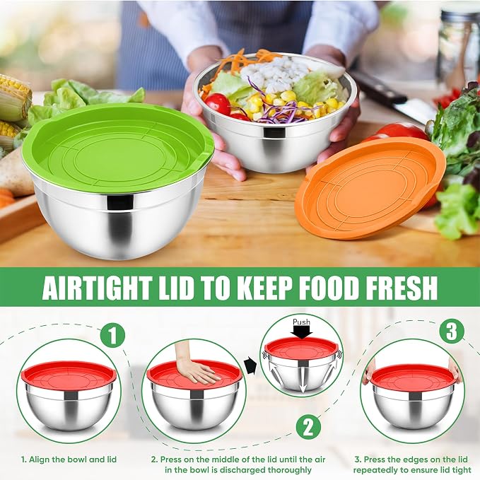 P&P CHEF Metal Mixing Bowls with Lids Set, Airtight Lids & Multicolor | 5 PCS Stainless Steel Mixing Nesting Bowls for Kitchen Prepping, Storing, Healthy & Easy Clean, Size 4.6, 3, 1.5, 1, 0.7 QT