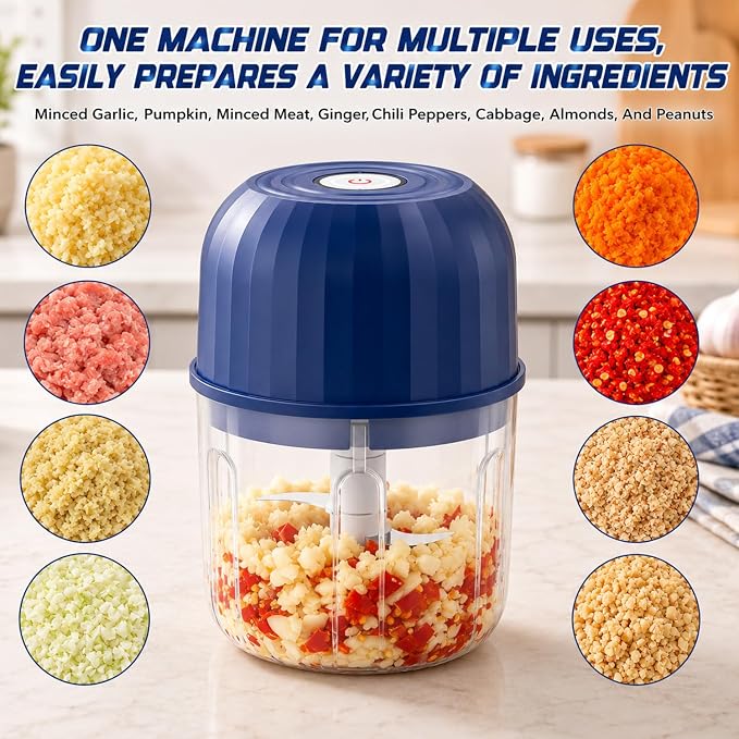 Electric Garlic Chopper, Mini Rechargeable Electric Garlic Chopper, Wireless Portable Food Processor for Ginger Chili Onion Vegetables Meat (Blue)