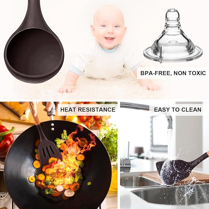 MIBOTE Silicone Cooking Kitchen Utensils Set, Wooden Handle, Coffee | BPA-Free, Non-Toxic Silicone Turner, Tongs, Spatula, Spoon Set – Great for Nonstick Cookware, Heat-Resistant, Easy Clean