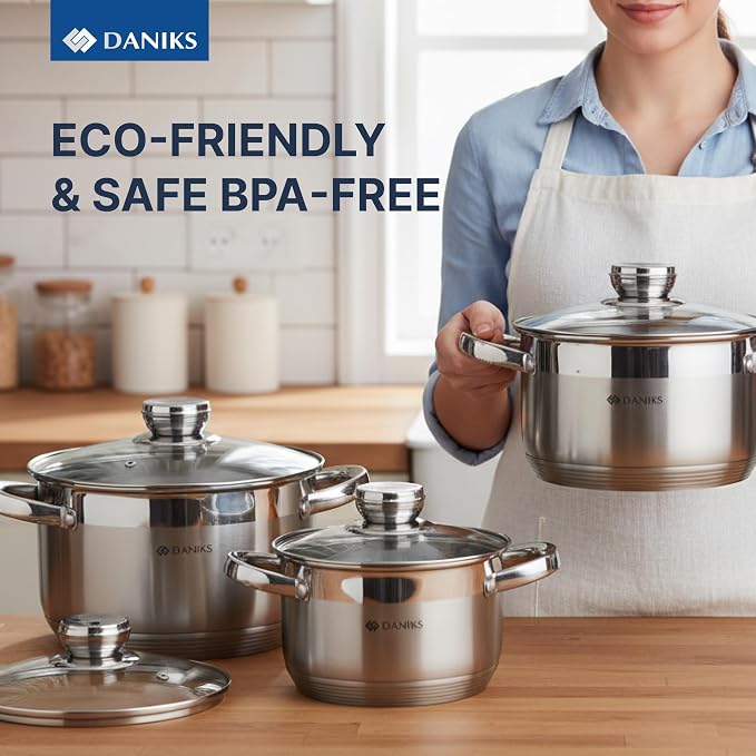 Daniks Standard 6-Piece Stainless Steel Cookware set with Glass Lid, Tri-Ply Bases for Even Heating, Induction Compatible, Dishwasher Safe, Built-In Measuring Scale, Silver