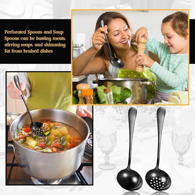 19 Pcs Serving Utensils Set Stainless Steel Tongs,Black | Includes Spatulas Forks Spoons Perforated Skimmers, Parties Buffet Professional Kitchen Tools Home Gatherings Events