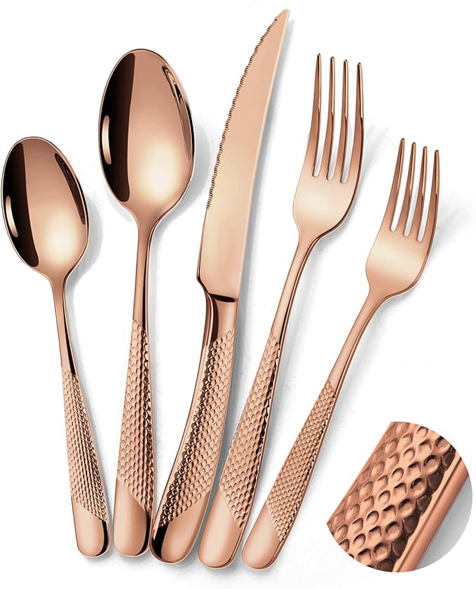 Hammered Rose gold 30 Pieces Set Silverware Set for 6 with Serrated Forging Knives,18/10 Stainless Steel Modern Flatware Set,Unique Cutlery Set,Mirror Polished,Dishwasher Safe