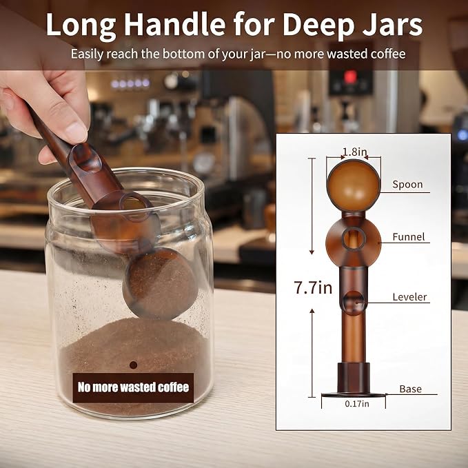 Coffee Scoop with Funnel for Reusable K Cup, 2 TBSP Measuring Spoon | Mess-Free Funnel Design, Sliding Leveler for Precise 2 TBSP, Long Handle for Coffee, Protein Powder & Tea (1-Pack)