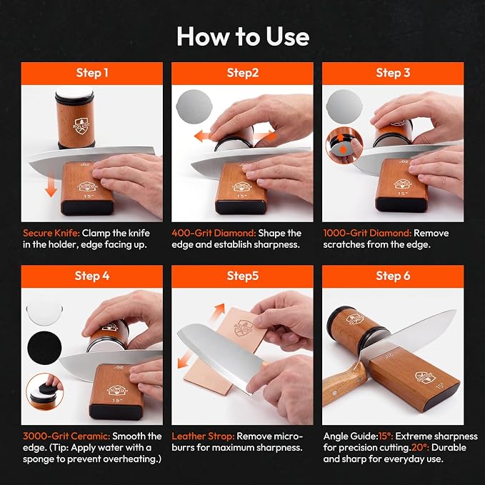 Rolling Knife Sharpener Kit Diamond & Ceramic 15°/20° | Easy-to-use manual sharpening tool for kitchen and chef knives with a magnetic angle guide designed for beginners