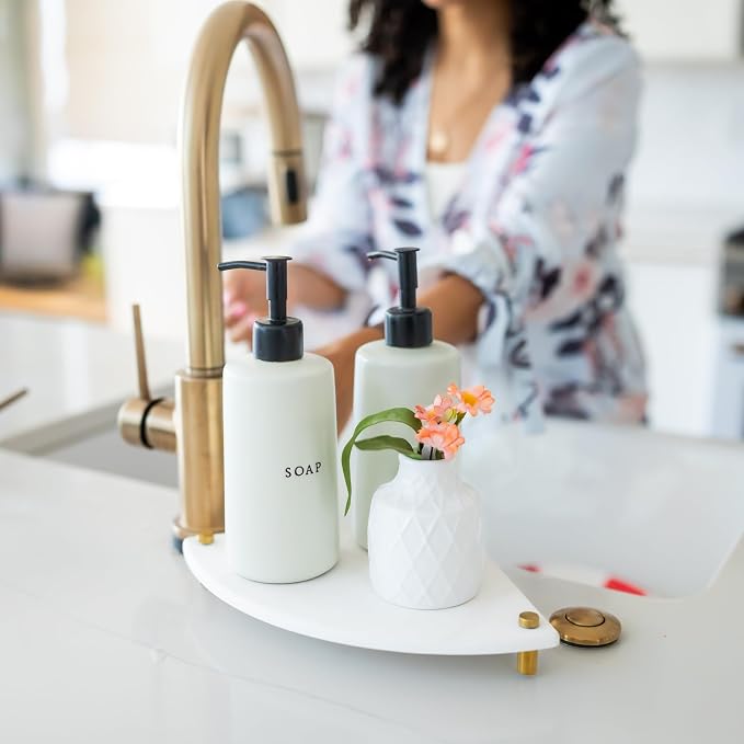 Fast Drying Stone Sink Caddy Made of Diatomaceous Earth | Water Absorbing Stone Tray for Bathroom | Instant Dry Sponge Holder for Kitchen Sink New Longer Size (Marble print on Corner tray)