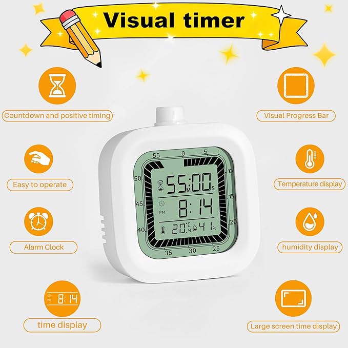 4 in 1 Visual Digital Visual Timer Battery Operation Alarm Clock with Humidity Temperature Monitor Magnetic Wall Mount Kitchen Study Timer for Classroom Office Bedroom Pink